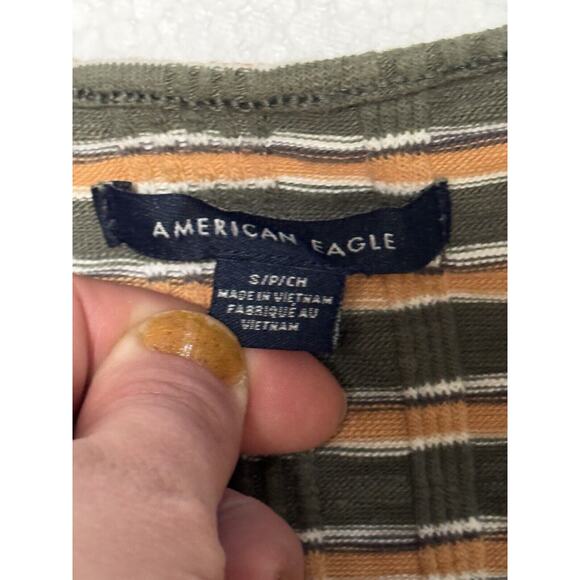 American Eagle Cropped Ribbed Striped Button Down Shirt Small Green Orange - Picture 2 of 6